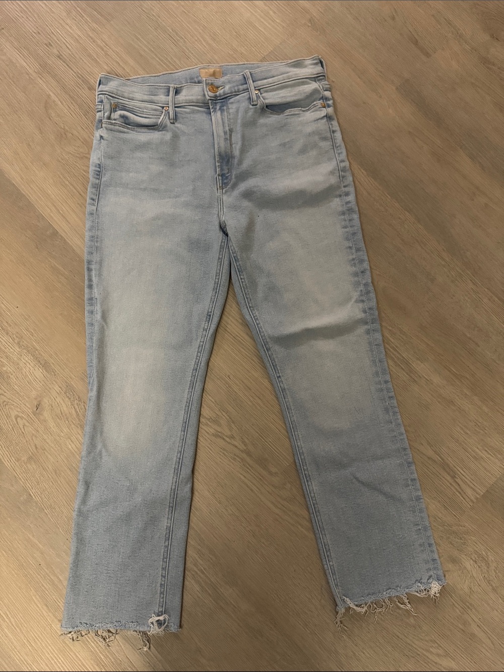 MOTHER Pale Blue Straight Leg Jeans with Frayed Hem, Size 31.